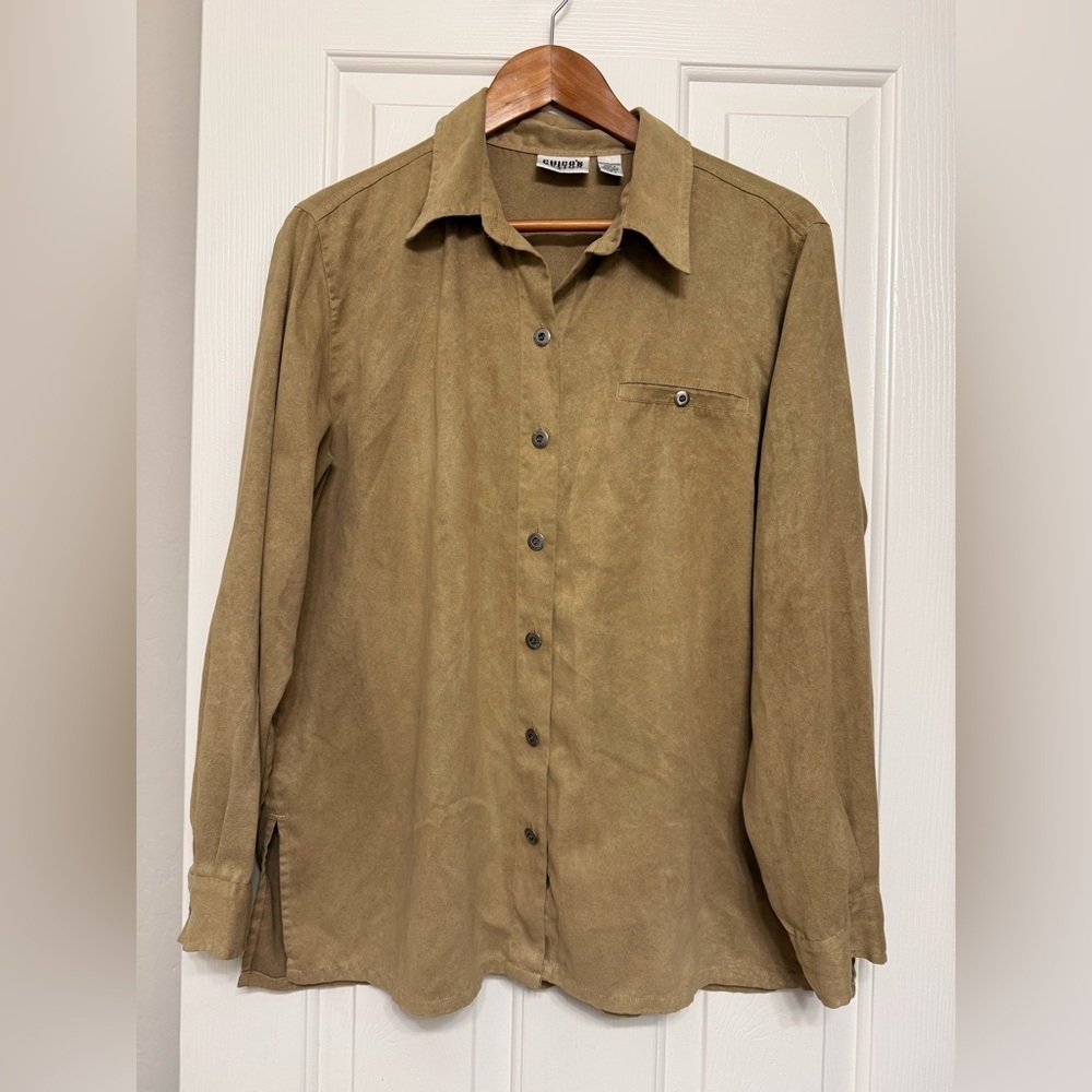 Chico's Design Faux Suede Microfiber Button-Down Shirt Tan Size 2 Large